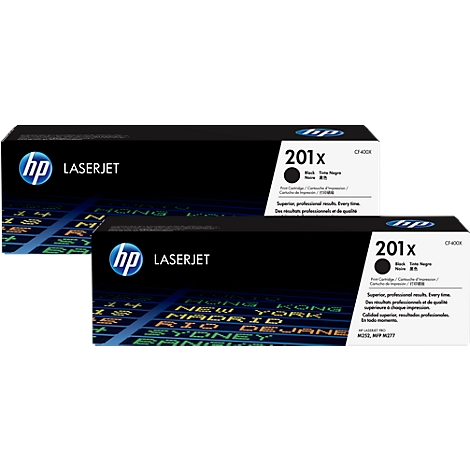 Two black HP LaserJet toner cartridges with white text. Top right: 201x, Black. Bottom box displays world cities.