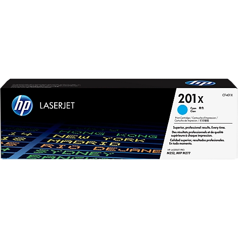 A black HP LaserJet toner cartridge with turquoise 201x label and cyan color circle.
