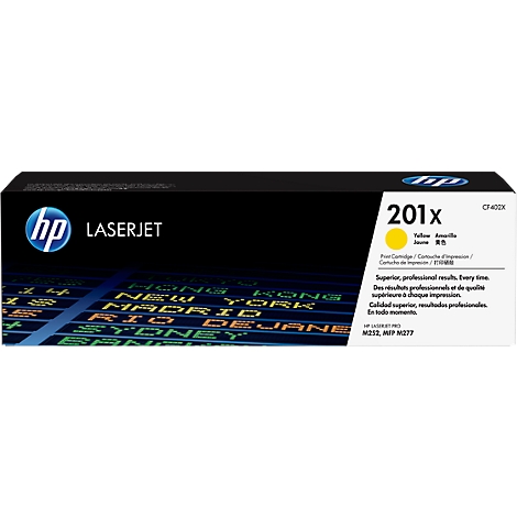 Yellow HP 201x laser toner cartridge. Black background with city names. Text "HP LASERJET".