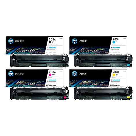 Four HP LaserJet toner cartridges in black, cyan, magenta, and yellow. Each cartridge is labeled 203A.