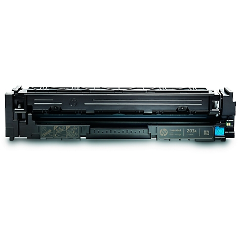 Black HP toner cartridge, front view. The imprint "203A" and an HP logo are visible.