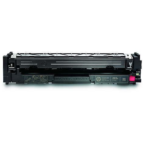 Black toner cartridge with pink marking. The product shows information such as HP and 203a.