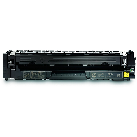 Black toner cartridge for HP printers, with yellow accents and text.