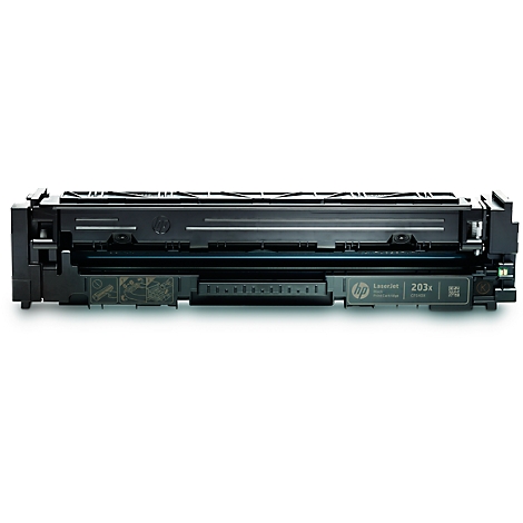 Close-up of a black HP toner cartridge; green details and the 'LaserJet 203x' label are visible.