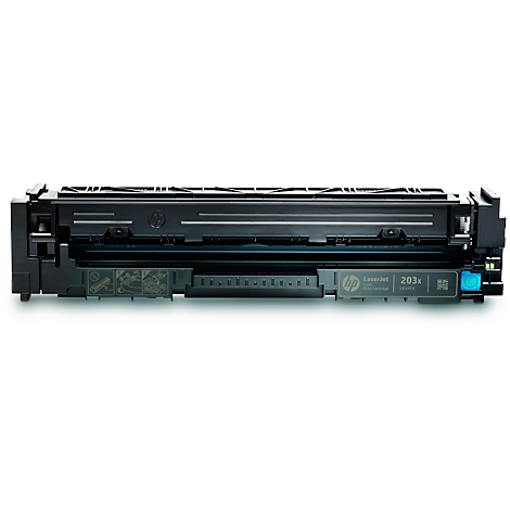 A black HP toner. Inscription: LaserJet 203x. Blue details.