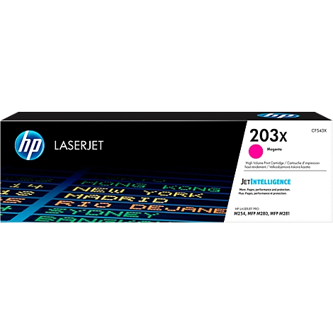 An HP LaserJet toner cartridge with magenta color, 203x. The background is black with an airport display board design.