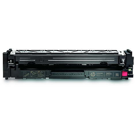 Black HP toner cartridge with pink marking, arranged sideways.