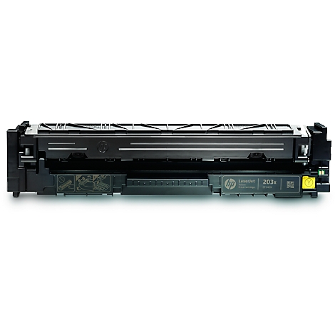 A black printer toner with yellow and white markings. The HP logos and the model name "203x" are visible on the housing.