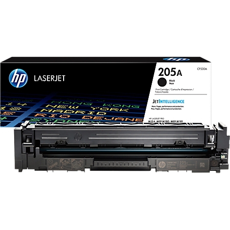 Black HP 205A toner cartridge. Black colored. The packaging says: Laserjet, JetIntelligence, and various city names.