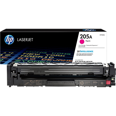 An HP LaserJet toner cartridge with package, product designation 205A Magenta.