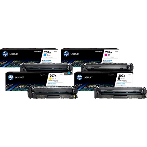 Various HP 207A toner cartridges, in cyan, yellow, magenta, and black, arranged side by side.
