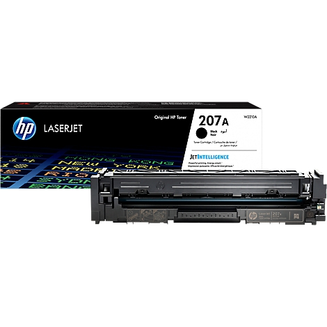 Black HP LaserJet toner cartridge 207A. Black cartridge with HP logo, product name, and city background.