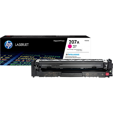 HP laser toner and packaging. Reads 207A Magenta. Black toner and cartridge in focus.