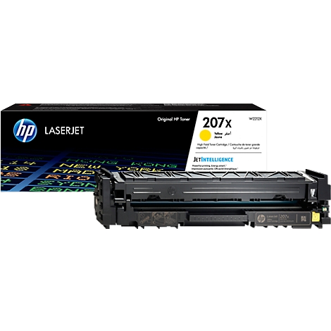 HP Laser toner 207X, yellow, against a black background. Toner cartridge and packaging with product logo.