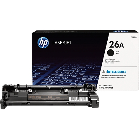 An HP LaserJet 26A toner cartridge with packaging, against a white background.