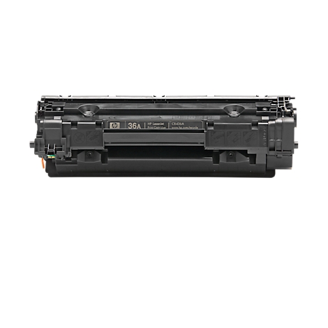 Black toner cartridge, HP 36A, on white background.