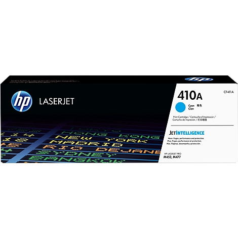 HP LaserJet 410A cyan toner cartridge. The image features the HP logo and product information.