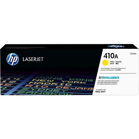 Yellow HP 410A toner cartridge, dark background, HP logo, JetIntelligence, city display.