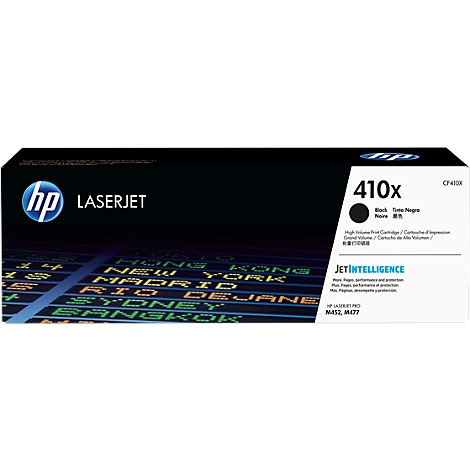 Black HP 410x toner cartridge. Text: "LASERJET", "JetIntelligence", and city names.