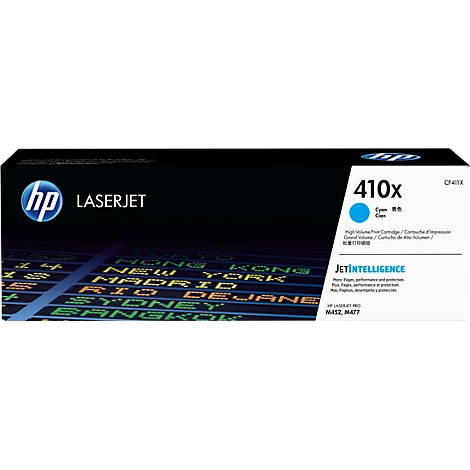 HP Laserjet toner cartridge, blue font, text: 410x Cyan, JetIntelligence.