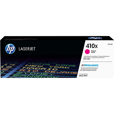 Magenta HP 410x ink cartridge. Black background with white lettering. Text: LASERJET, JetIntelligence.