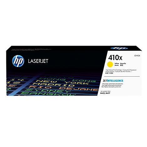 A yellow HP 410x toner cartridge for Laserjet printers.
