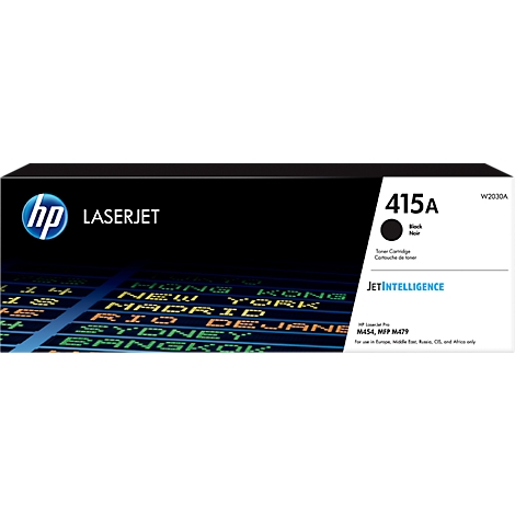 Black HP LaserJet toner cartridge 415A. Inscription: JETINTELLIGENCE and city names.