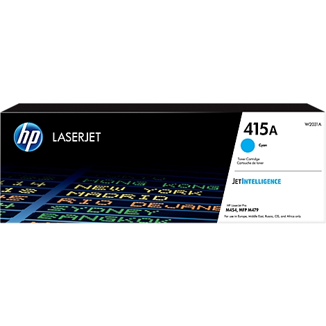 HP Laserjet toner cartridge, cyan, with the inscription 415A. The box also has the words "JetIntelligence".