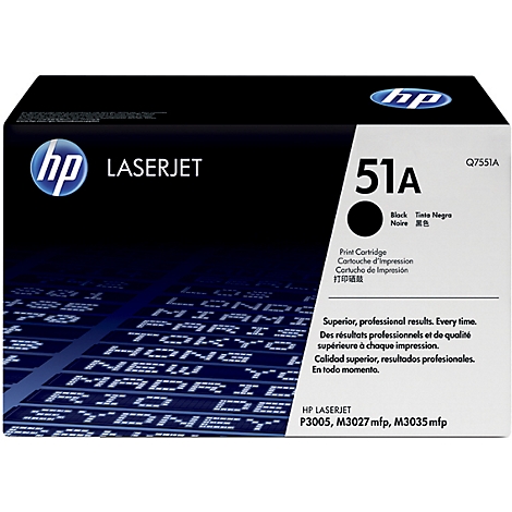 Black HP LaserJet 51A toner cartridge, featuring text and logo.