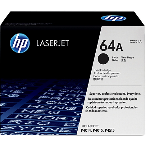 Eine HP LaserJet 64A Tonerkartusche in Originalverpackung. Schwarze Kartusche mit Produktdetails und Logo.