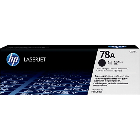 Black HP printer cartridge, model 78A, with text in multiple languages.