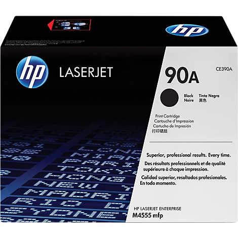 Black HP LaserJet 90A ink cartridge. Box with product names and logo.