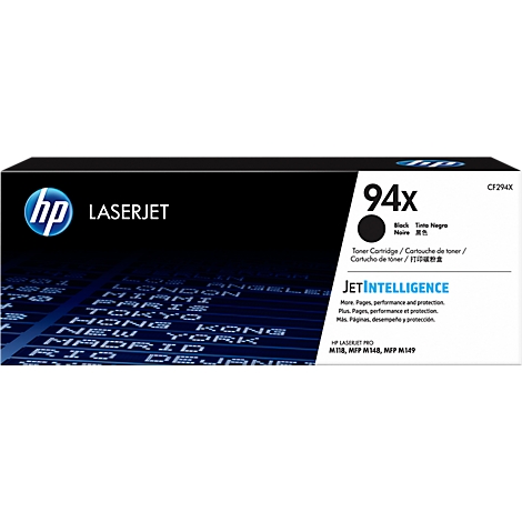 Black HP 94X toner cartridge. Printed: LaserJet, 94x, JetIntelligence, CF294X. Background with letters and city names.