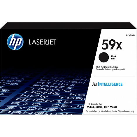 Black HP LaserJet toner cartridge 59x on a black background. Labelled: JETINTELLIGENCE, CF259X, models M304, M404, MFP M428.