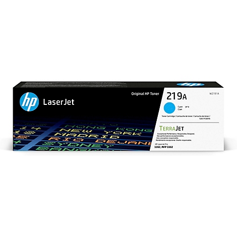 Een HP LaserJet 219A tonercartridge met turquoise blauwe accenten op een witte achtergrond.