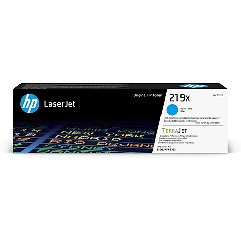 HP LaserJet Toner 219x, Cyan. Schwarz-blaue Box mit Logo und Schriftzug.
