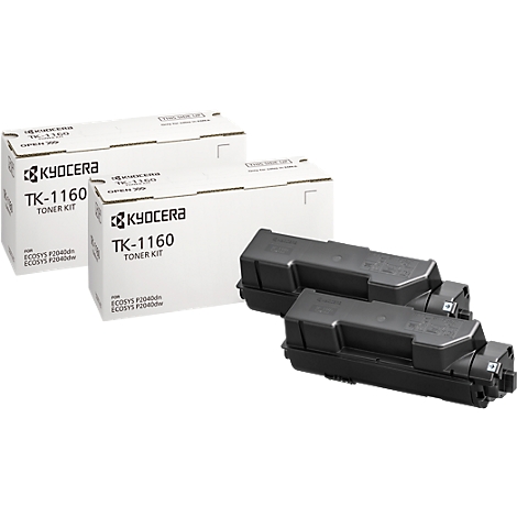 Two black toner cartridges next to two white boxes with Kyocera logo and the inscription TK-1160 Toner Kit.