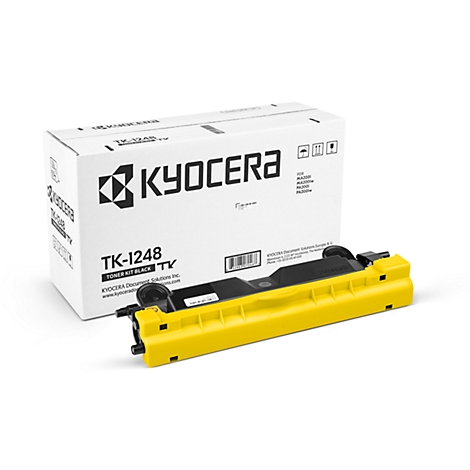 Kyocera Toner kit TK-1248 Black TV. Yellow toner in front of white packaging with Kyocera logo and product name.