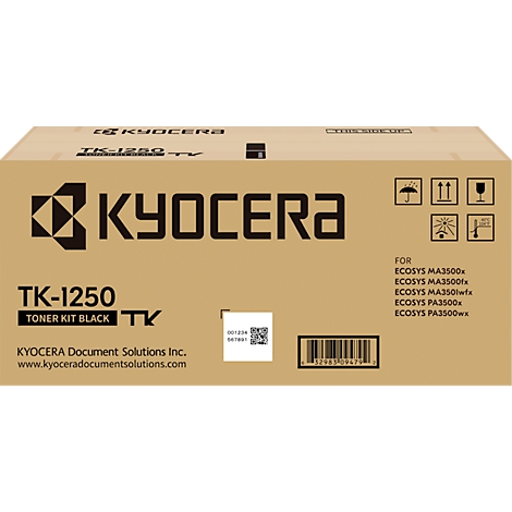 Braune Kartonverpackung mit 'KYOCERA'-Logo, 'TK-1250 Toner Kit Black' und Kontaktinformationen. Hinweise auf Kompatibilität.
