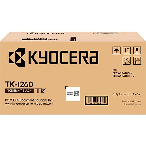 Eine braune Verpackung mit schwarzem Kyocera-Schriftzug und Produktbezeichnungen.