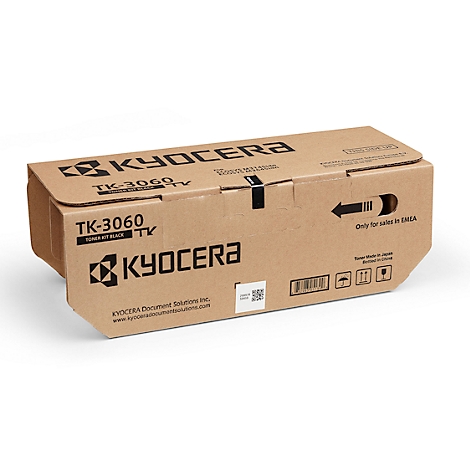Brown cardboard packaging with Kyocera print and the inscription TK-3060. Prints on the packaging: arrows, warning symbols.