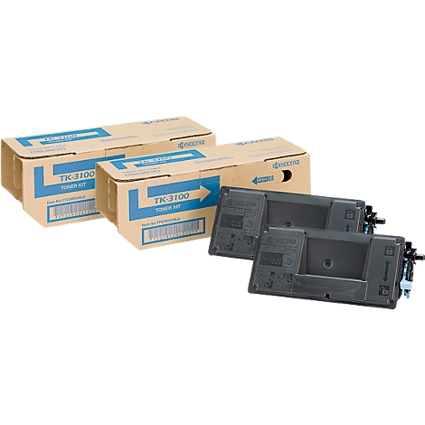 Zwei Kartons mit der Aufschrift „TK-3100 Toner Kit“ und zwei schwarze Tonerkassetten.
