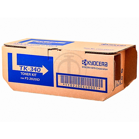 Brown cardboard box with blue lettering and the text TK-340 Toner Kit for FS-2020D, Kyocera logo and barcode.