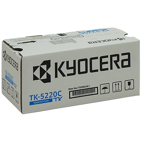 A white Kyocera package with the logo and product information. The package reads 'TK-5220C TONER KIT CYAN'.