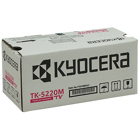 White box, Kyocera toner, magenta font, black icons and barcode.