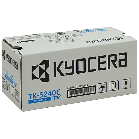 Blue and white box, KYOCERA and TK-5240C print, Cyan toner, with symbols and barcode.
