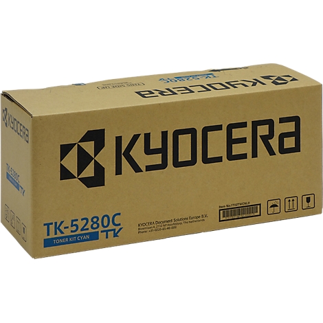 Brown cardboard packaging with blue and black KYOCERA logo and text. Reads 'TK-5280C TONER KIT CYAN'.