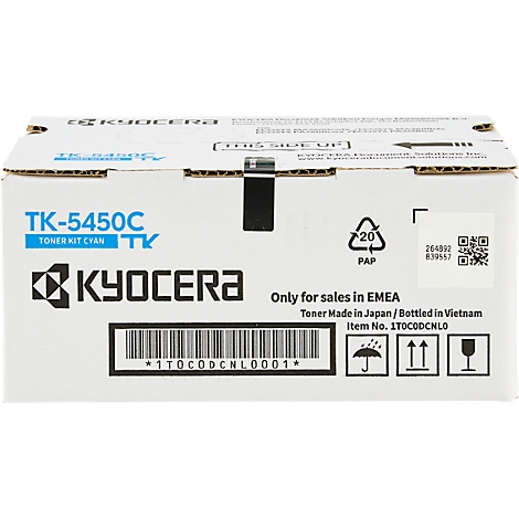 Eine weiße Schachtel mit blauer und schwarzer Beschriftung, darunter das Logo von Kyocera und Produktinformationen.