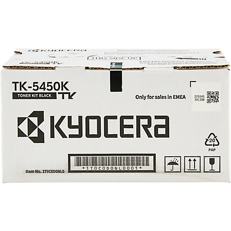 Eine weiße Kartonverpackung mit der Aufschrift "TK-5450K Toner Kit Black" von Kyocera. Aufdrucke und Barcodes. Nur für den Verkauf in EMEA.