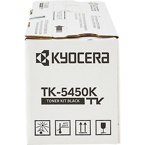 Eine weiße Box mit Kyocera-Logo und Aufschrift TK-5450K. Darunter Piktogramme und die Temperaturangabe.